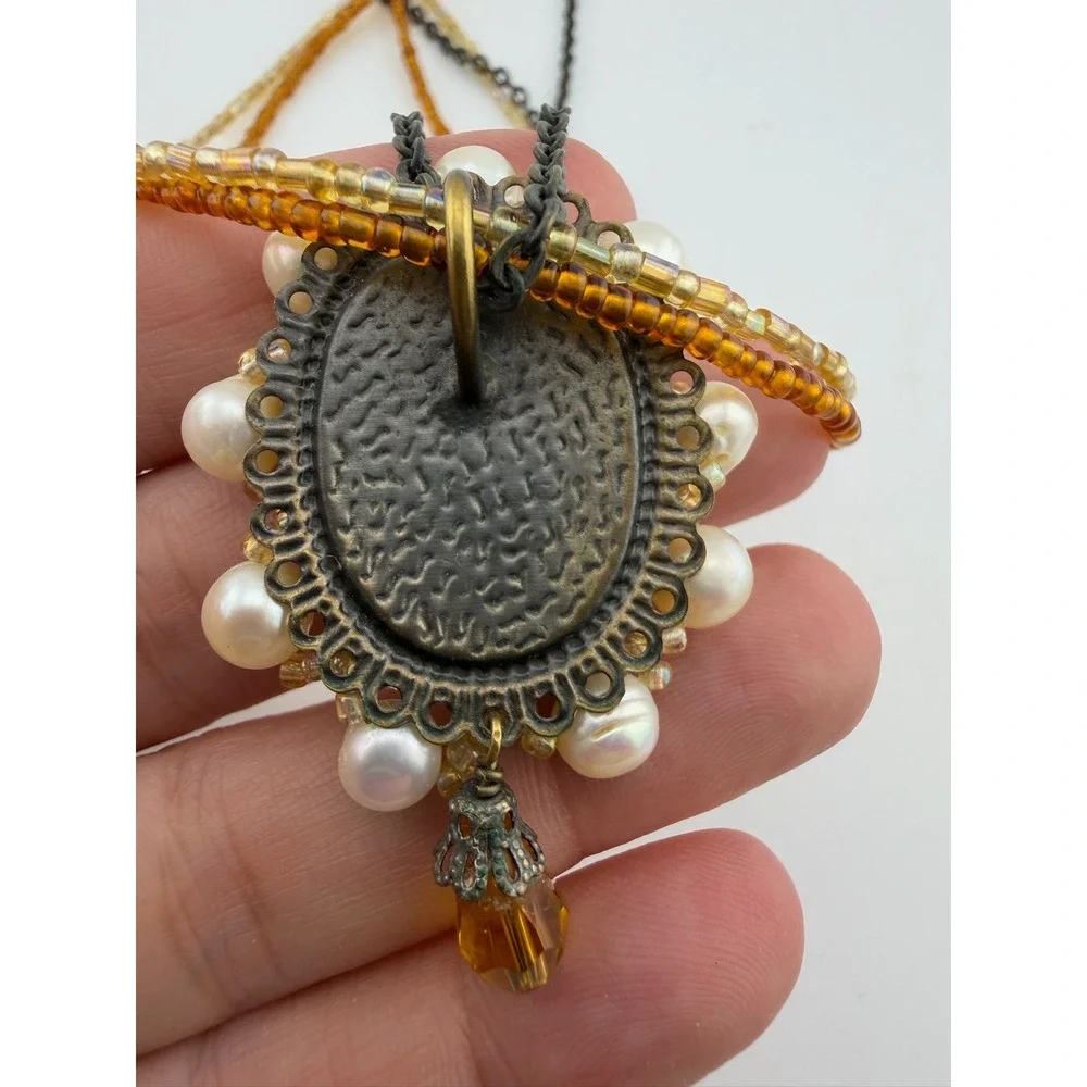 Cookie Lee Cameo Necklace Brown Excellent Multi-Strand Pearl Rhinestone Vintage